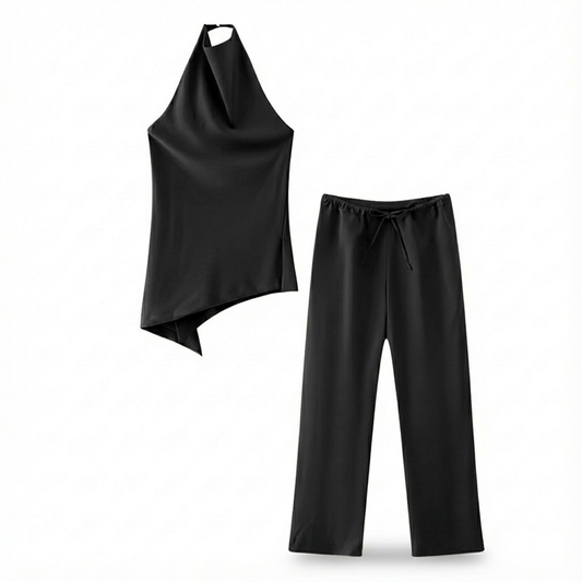 Ensemble 2 Pièces Satin Halter et Pantalon Lacets