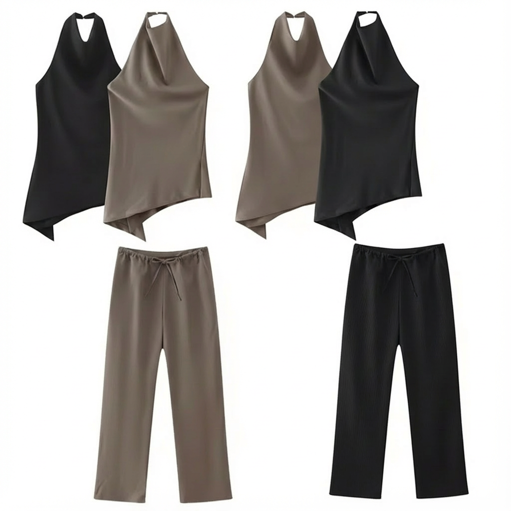 Ensemble 2 Pièces Satin Halter et Pantalon Lacets