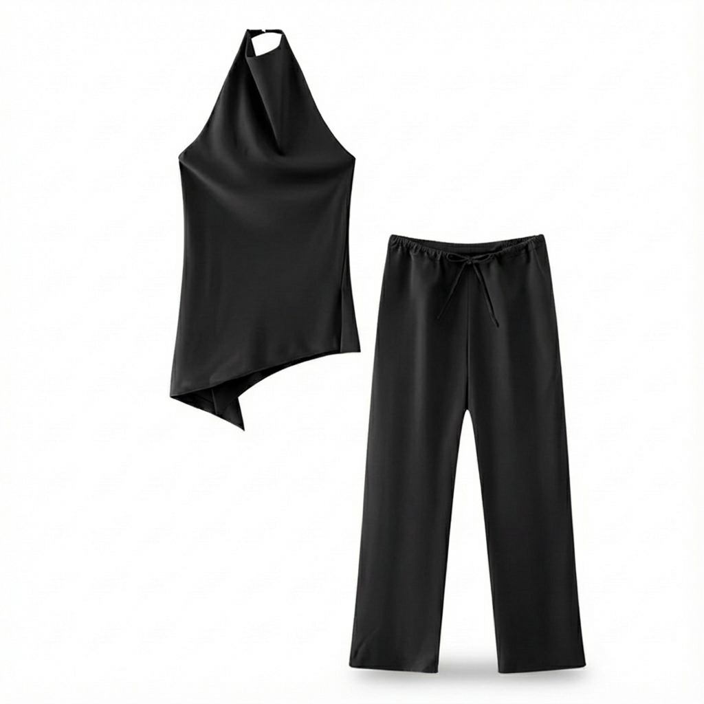 Ensemble 2 Pièces Satin Halter et Pantalon Lacets