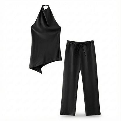 Ensemble 2 Pièces Satin Halter et Pantalon Lacets