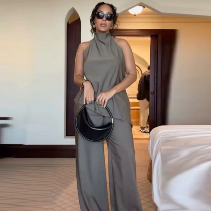 Ensemble 2 Pièces Satin Halter et Pantalon Lacets