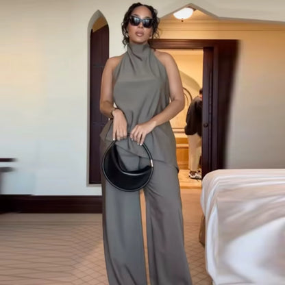 Ensemble 2 Pièces Satin Halter et Pantalon Lacets