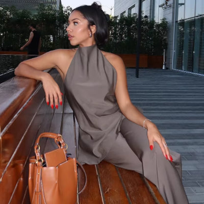 Ensemble 2 Pièces Satin Halter et Pantalon Lacets