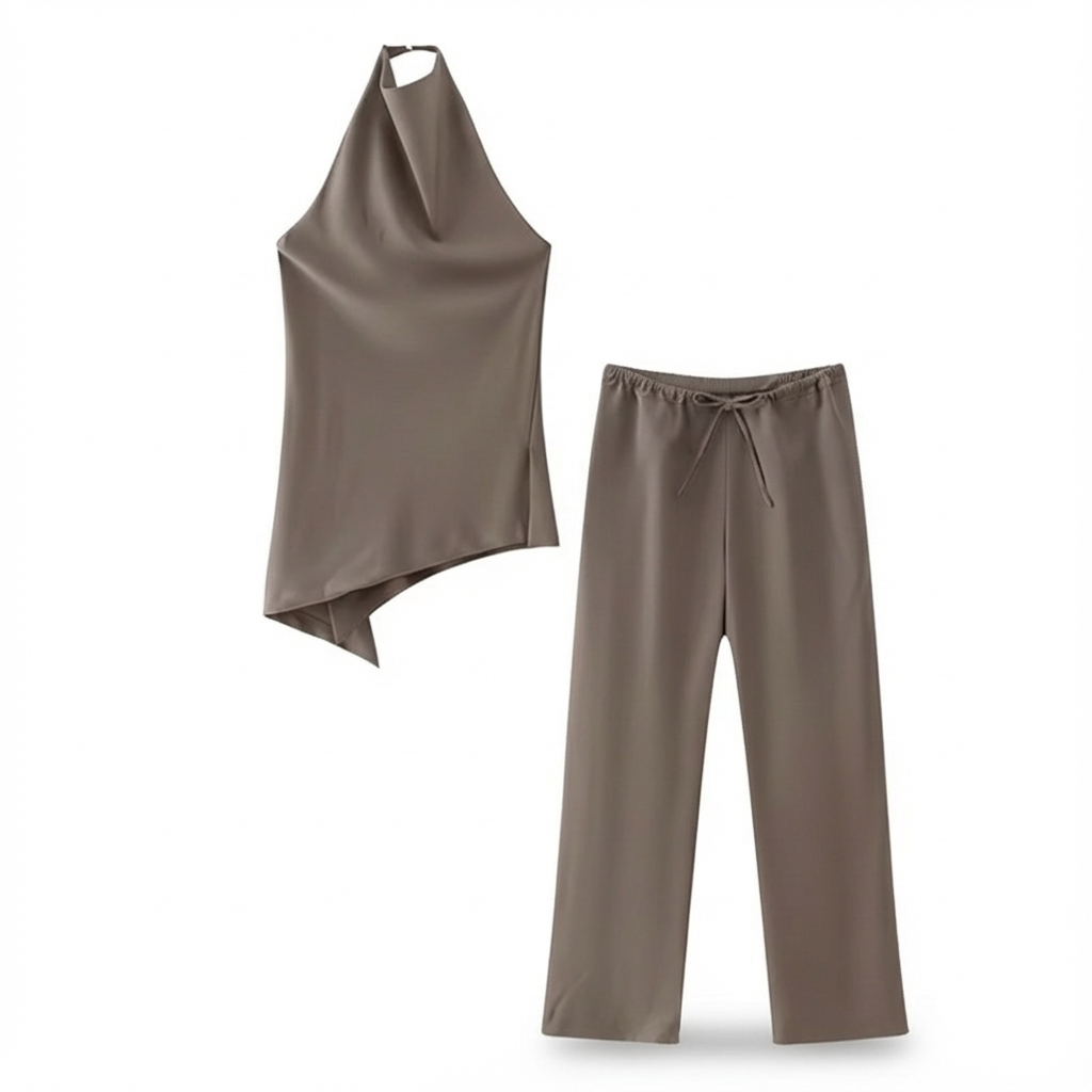 Ensemble 2 Pièces Satin Halter et Pantalon Lacets